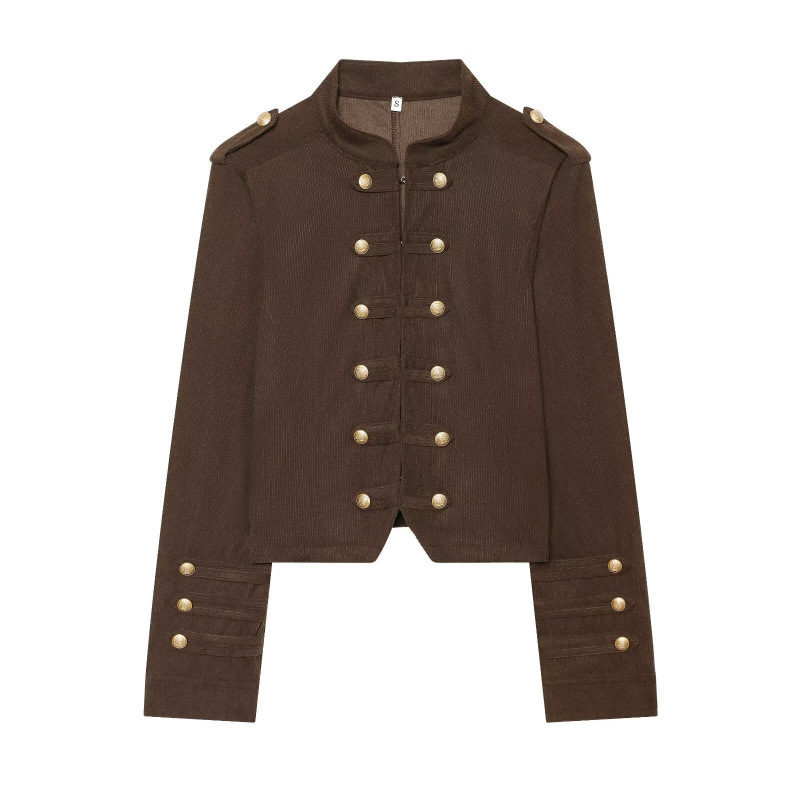 Brown stand-up collar short workwear Napoleon court style jacket for women, vintage buttoned corduroy slim-fit jacket with straight shoulders Brown stand-up collar short workwear Napoleon court style jacket for women, vintage buttoned corduroy slim-fit jacket with straight shoulders