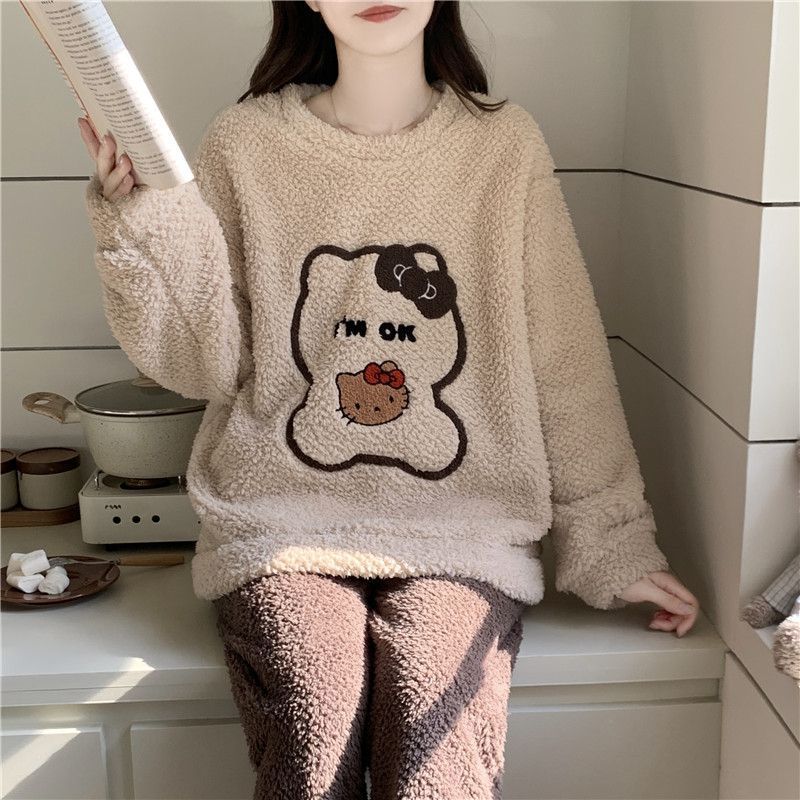 半边绒睡衣女秋冬季加厚保暖甜美卡通珊瑚绒少女家居服套装可外穿|undefined