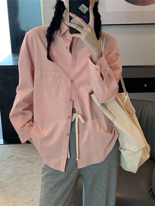 Spring and Autumn New Chic Peach Pink Shirt Women's Inner Wearing Outer Wearing Long Sleeve Top Girly Elegant Shirt Jacket