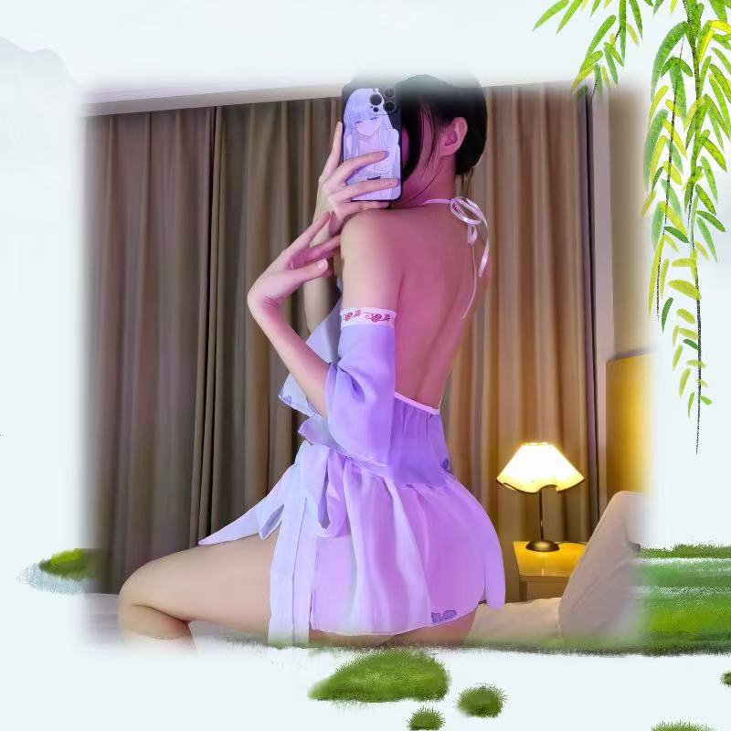 Purple Butterfly Antique Hanfu Costume Lingerie Set with Connective Stockings — detail image 7
