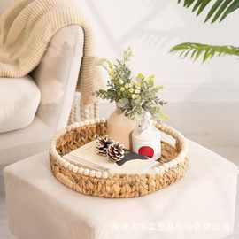 跨境手工编织水果篮带木珠零食干果盘圆形草编收纳盘点心面包筐