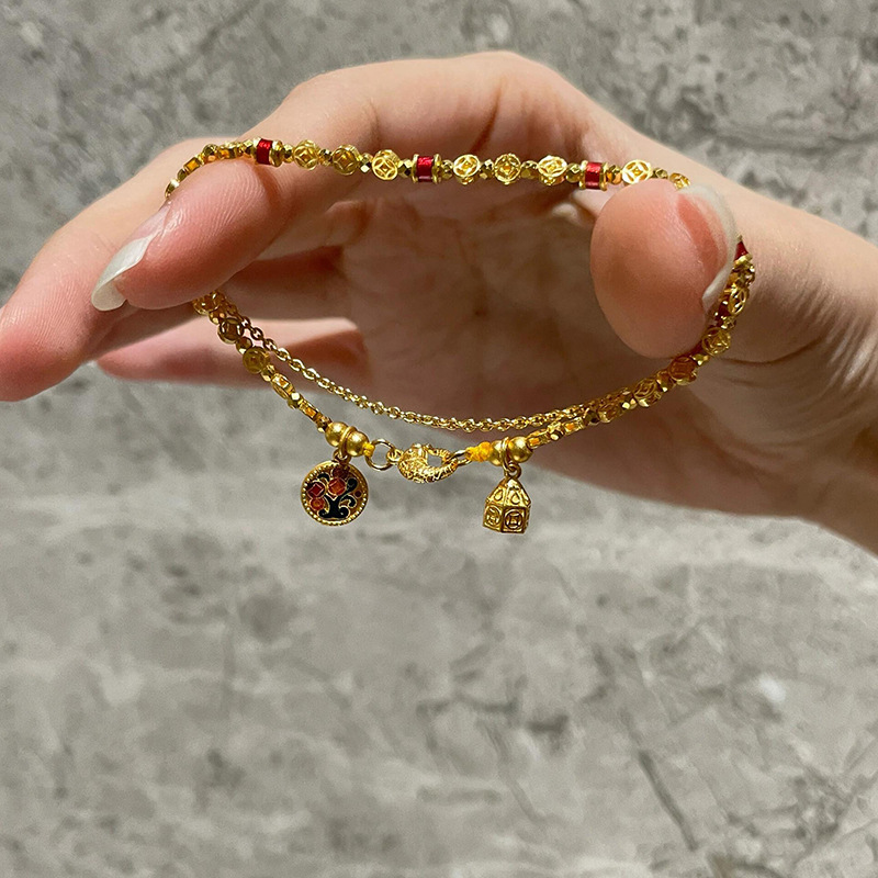 Ancient Burnt Blue Gold Coin Stacked Bracelet for Women, Chinese Ethnic Style Retro Design, High-End and Exquisite Hand Jewelry Gift