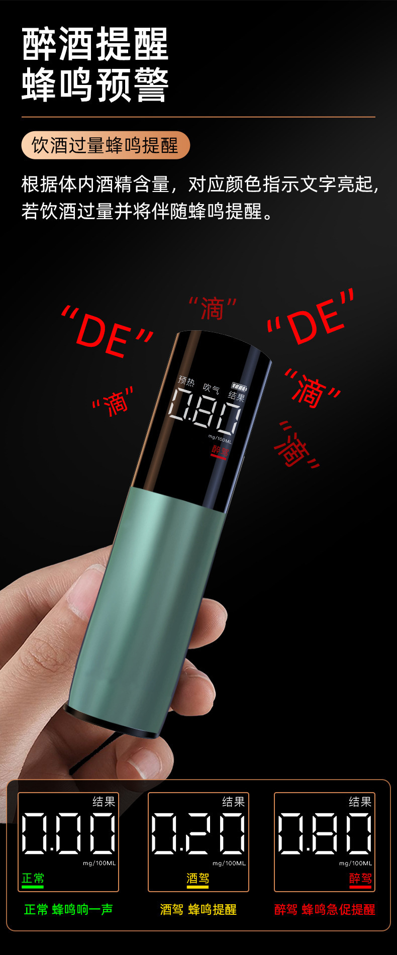 Wireless and convenient alcohol tester, high-precision breathalyzer for checking for drunk driving, compact and portable for measuring alcohol levels