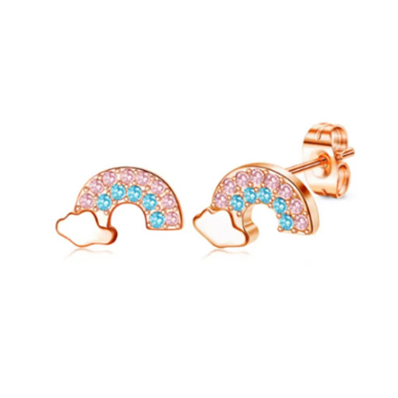 Rose Gold Diamond Heart Butterfly Cat Stud Earrings Set_voghion.com