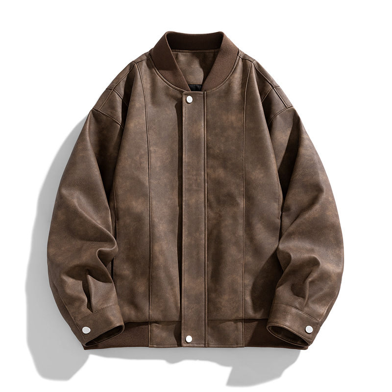 Chaqueta masculina primavera moda PU ropa masculina retro cuello de béisbol ropa casual chaqueta de cuero de hombre chaqueta suelta de color sólido