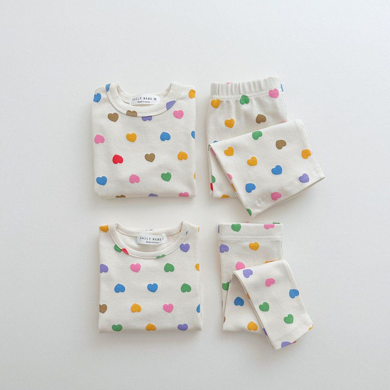2025 New Korean Style Spring and Summer Little Girl Ab Version Baby Girl Colorfulful Heart Home Clothes Set Crawling Clothes