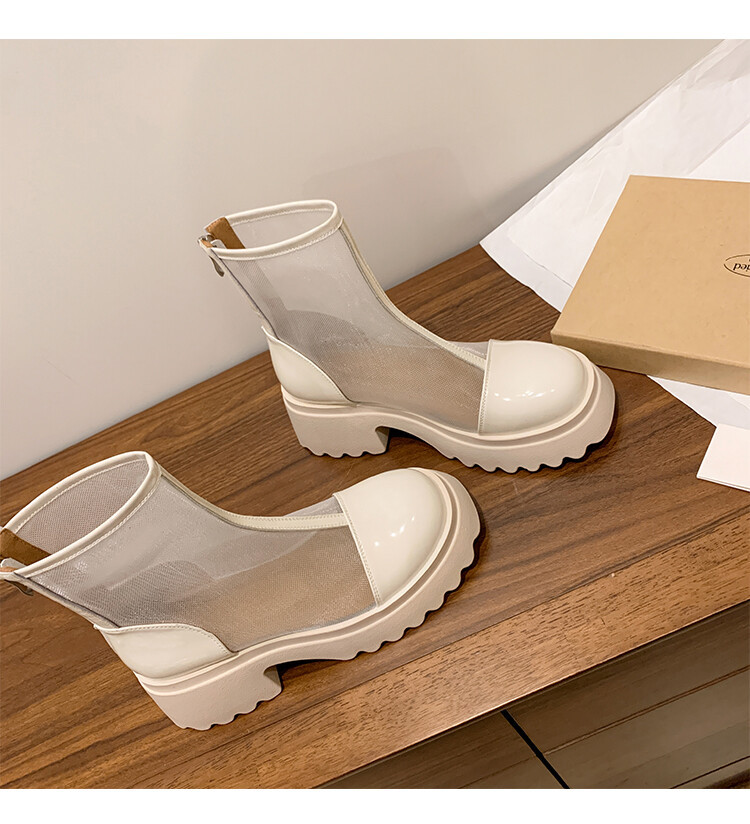 Boot ngắn nữ da thật vải lưới cao gót 6cm mùa hè phong cách Anh thoáng khí — Màu đen, Trắng be chi tiết 56