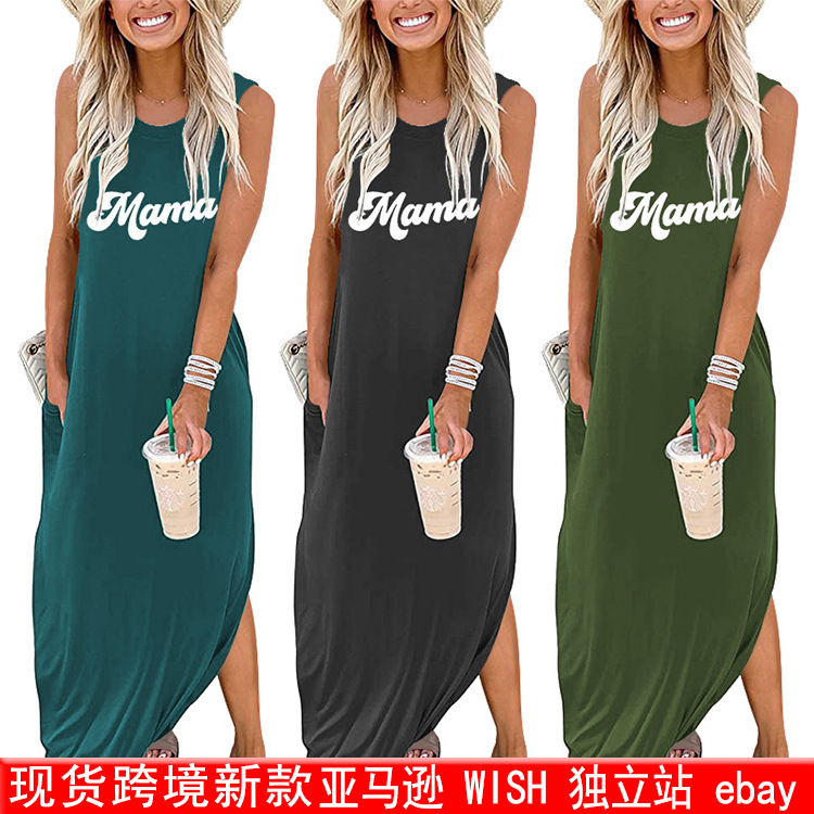 Spot foreign trade European and American sleeveless dress Amazon independent station MAMA mother letter vest dress printing Spot foreign trade European and American sleeveless dress Amazon independent station MAMA mother letter vest dress printing