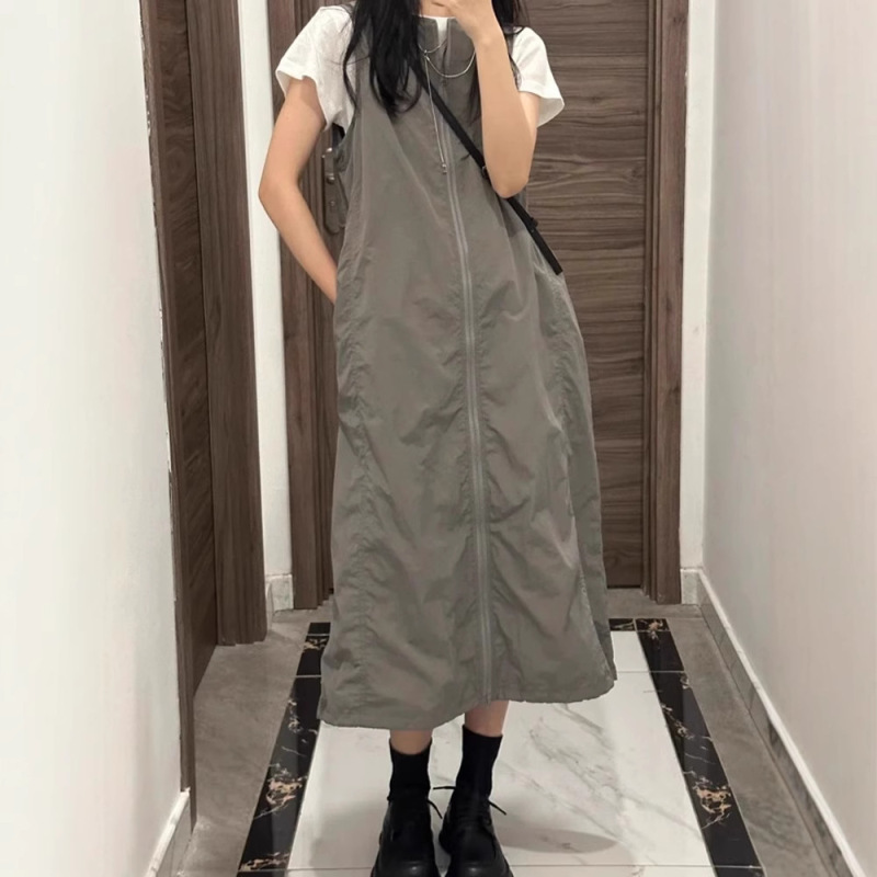 American-Style Gray Workwear Functional Vest Dress for Women, Designer Zipper Dress, Plus Size Slimming Suspender Dress American-Style Gray Workwear Functional Vest Dress for Women, Designer Zipper Dress, Plus Size Slimming Suspender Dress