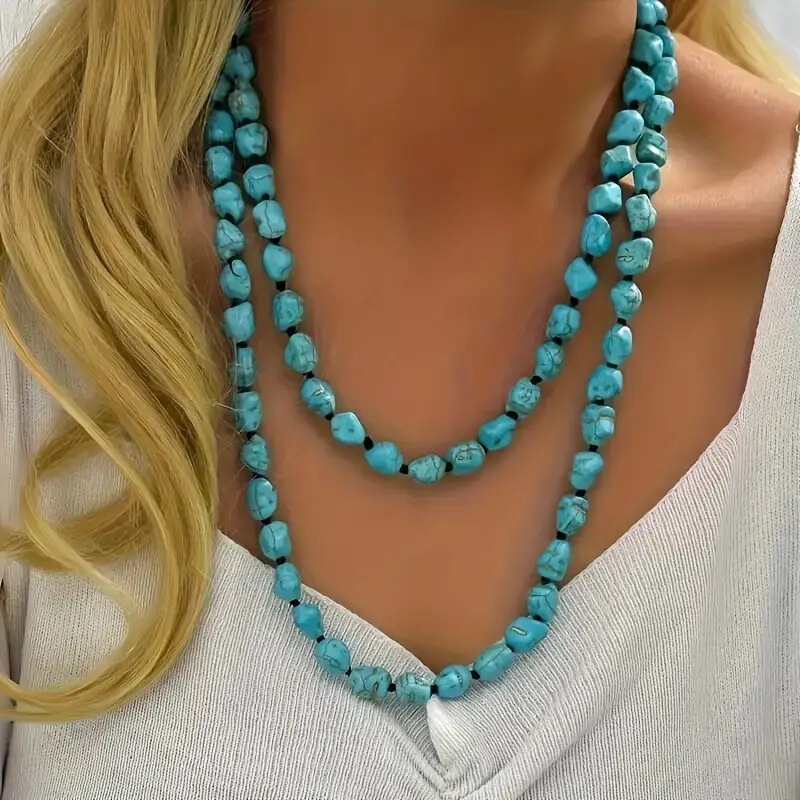 New Natural Turquoise Necklace, Natural Gemstone Jewelry, Elegant, Simple and Fashionable Stacking Style Retro Necklace New Natural Turquoise Necklace, Natural Gemstone Jewelry, Elegant, Simple and Fashionable Stacking Style Retro Necklace