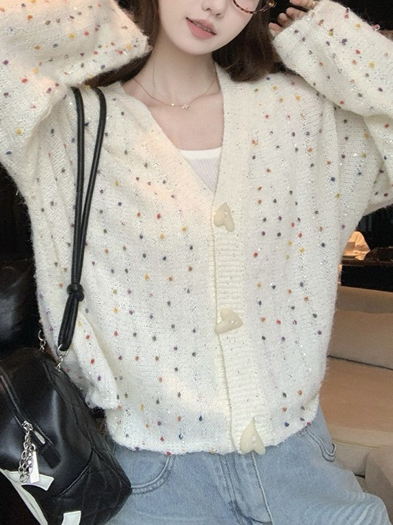 自留款推荐~设计感彩色亮片v领针织开衫女秋冬新款超漂亮毛衣外套|undefined