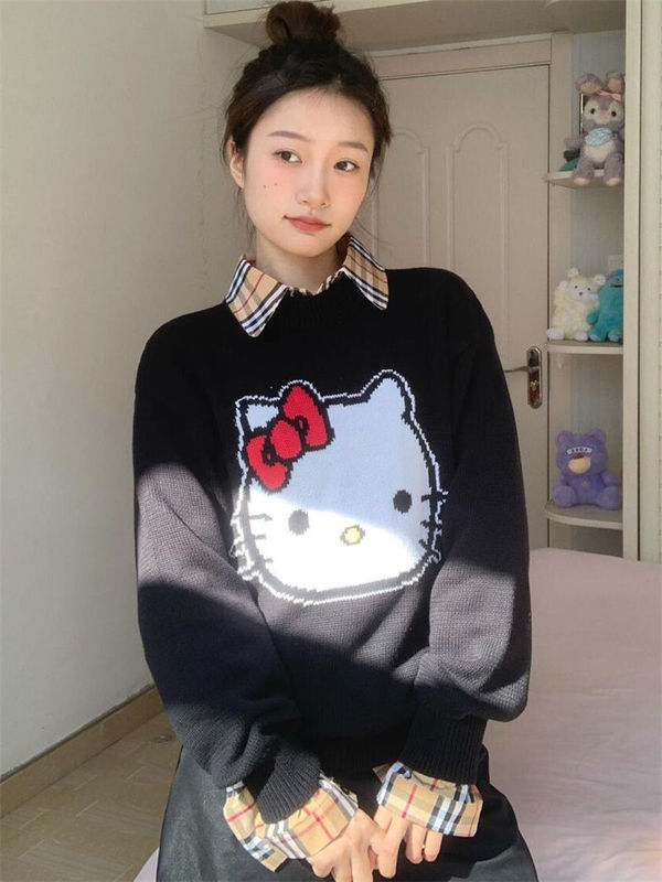 Autumn and winter cute wear a set of cartoon Kate cat embroidered pullover sweater female students check long sleeve shirt