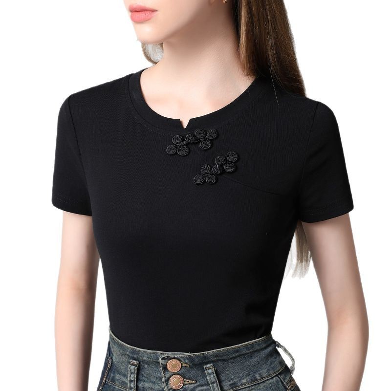 Nueva camiseta china de manga corta para mujer 2025 nueva camiseta de cuello redondo de color sólido para mujer image 5