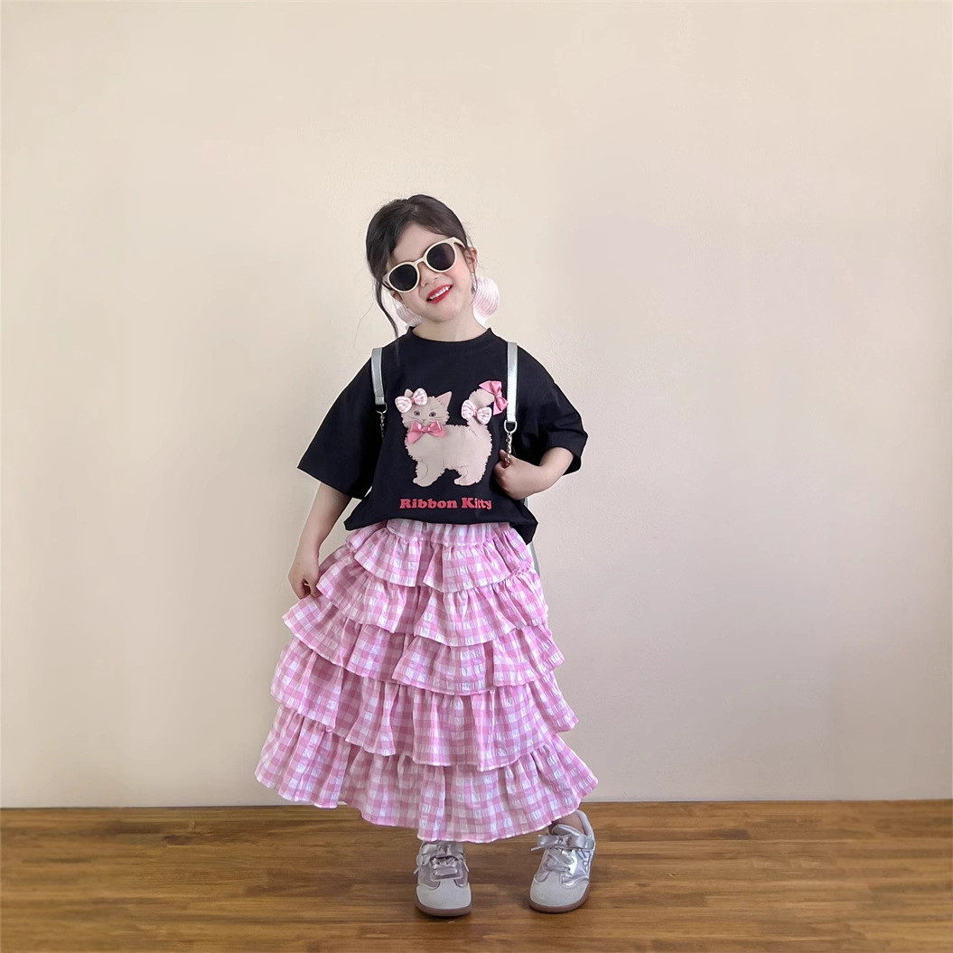 Ins Girls Summer Fashionable Bow Cartoon Printed Short-Sleeved T-Shirt + Pink Plaid Long Cake Skirt Two-Piece Skirt