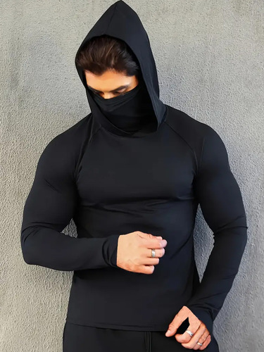Outdoor Windproof Long Sleeve Fitness Top for Men Training Quick Dry Tight Clothing Dustproof with Integrated Mask High Collar Hooded T-Shirt
