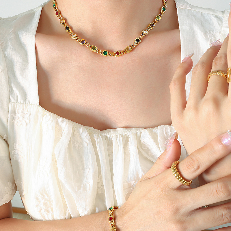 Francés gema nicho ins moda colorido circón costura cadena pulsera collar al por mayor de las mujeres del todo-fósforo joyería transfronteriza