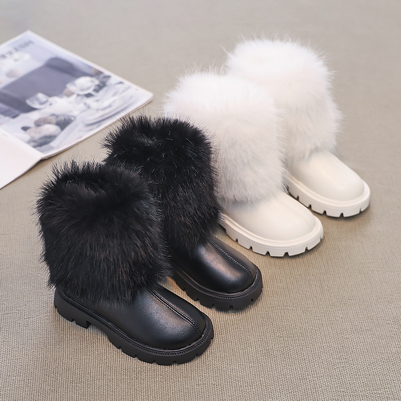 Girls' leather boots 2024 autumn and winter new style plus velvet…