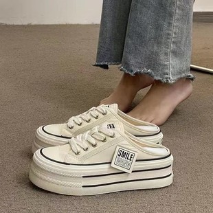 Baotou Half Slippers for Women's Outer Wear 2025 New Women's Heelless Lazy Canvas Sneakers Thick-Soled Casual Sandals and Slippers