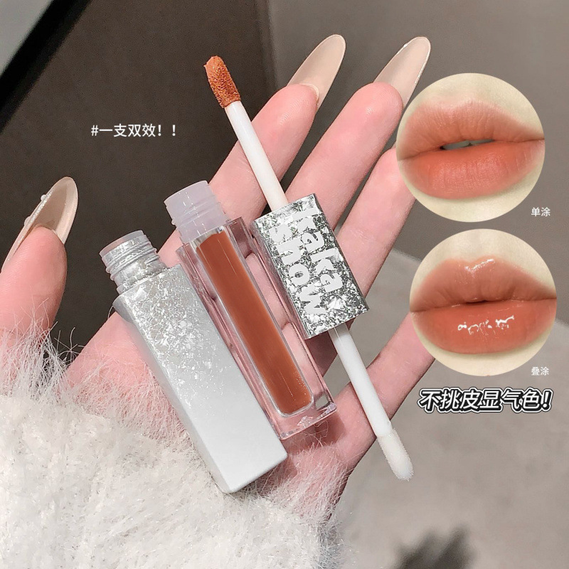 Kakashow fluye brillante doble cabeza labios brillante seda seda de desarrollo de color espejo transparente esmaltado doble efecto lápiz labial