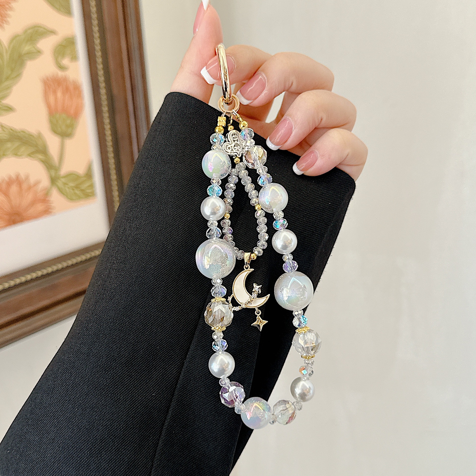 Cadena de teléfono móvil de alta gama hecha a mano de boutique, cadena de pulsera de luna de cielo estrellado, cordón de teléfono móvil de moda, mochila/colgante corto