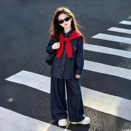 女童韩系牛仔三件套中大童衬衫上衣阔腿长裤带披肩儿童秋装套装潮