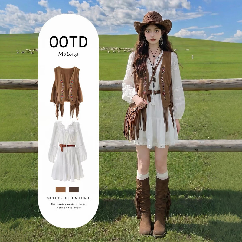 New summer style sweet sleeveless vest cardigan paired with a white dress, perfect for a grassland outfit or a two-piece set for Xinjiang travel New summer style sweet sleeveless vest cardigan paired with a white dress, perfect for a grassland outfit or a two-piece set for Xinjiang travel