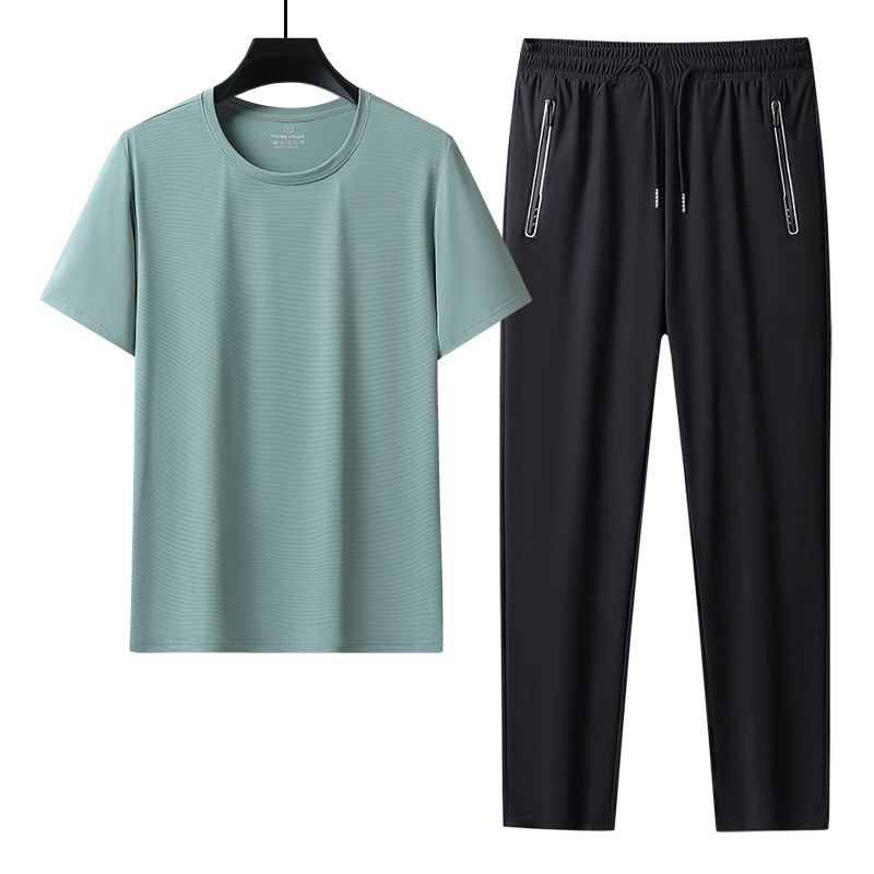Ice Silk Short-Sleeved Trousers Suit Men's Summer New Men's Sports Outdoor Running Casual Couple Youth Two-Piece Suit