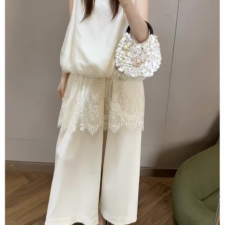 Niche Designer Style Off-White Lantern Sleeveless Shirt ➕ Beige Cotton Lace Casual Pants