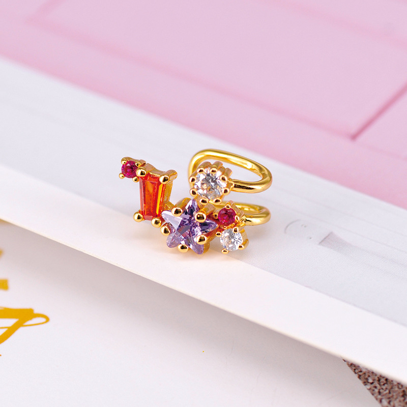 Cross-border Source Inlaid Colorful Zircon Irregular Geometric Copper Ear Clip Earrings 18k Gold Tassel Chain Earrings display picture 8