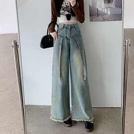 毛边做旧设计感飘带阔腿牛仔裤女2025春秋款高腰宽松显瘦直筒长裤
