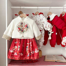 23年婴童冬季马面裙女宝宝刺绣新年拜年服小童保暖冬装裙子套装