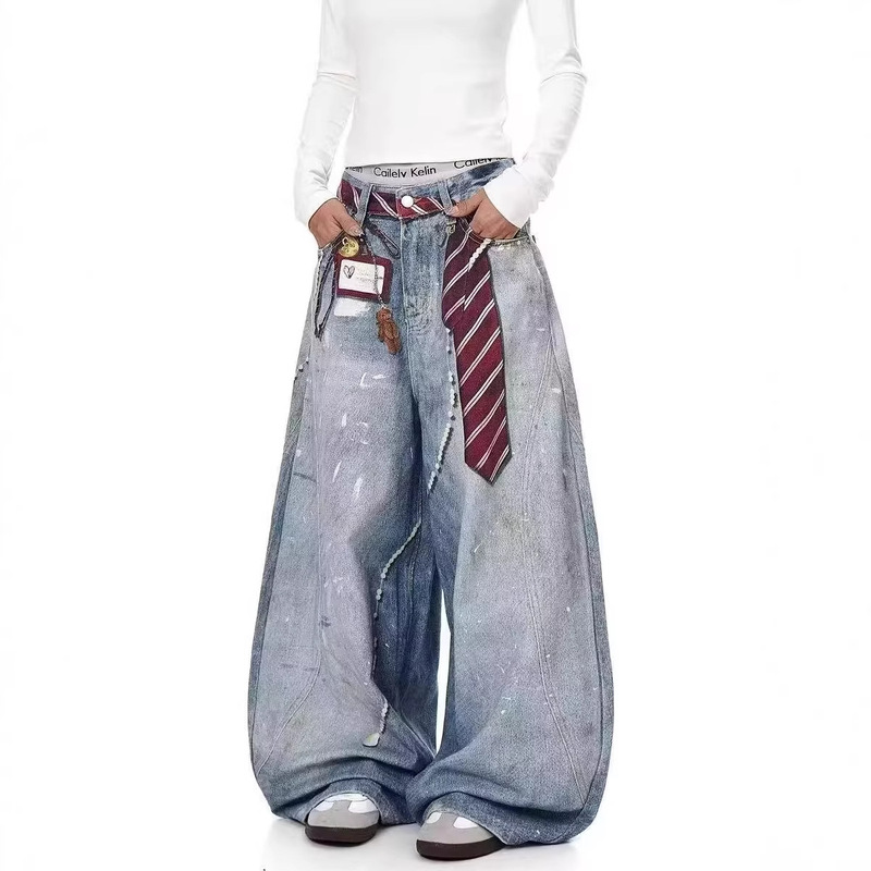 American Retro Washed Tie-Dye 3D Printed Scimitar Jeans for Women, Street Fashion Brand, Cool and Stylish Loose Casual Wide-Leg Pants