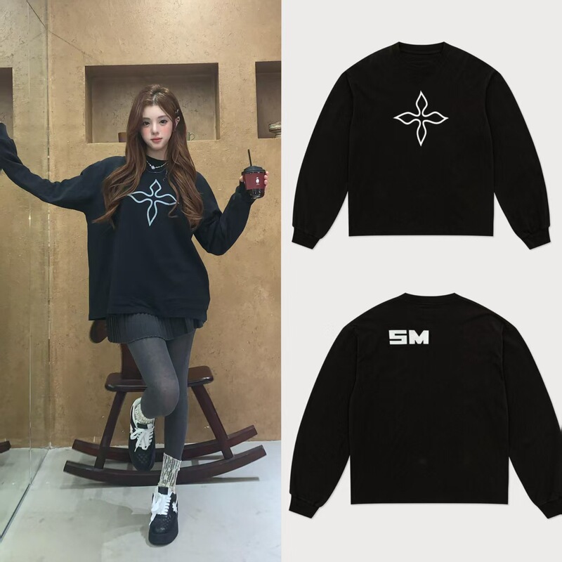 Sk Black Magnolia Oversized Long-Sleeved Top Fashionable Cross Print Wide Body Casual Cotton Pullover Sweatshirt 25 New Style Sk Black Magnolia Oversized Long-Sleeved Top Fashionable Cross Print Wide Body Casual Cotton Pullover Sweatshirt 25 New Style