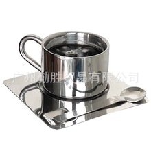 咖啡杯套装三件套304不锈钢杯子双层口杯商用家用奶茶水杯带勺盘