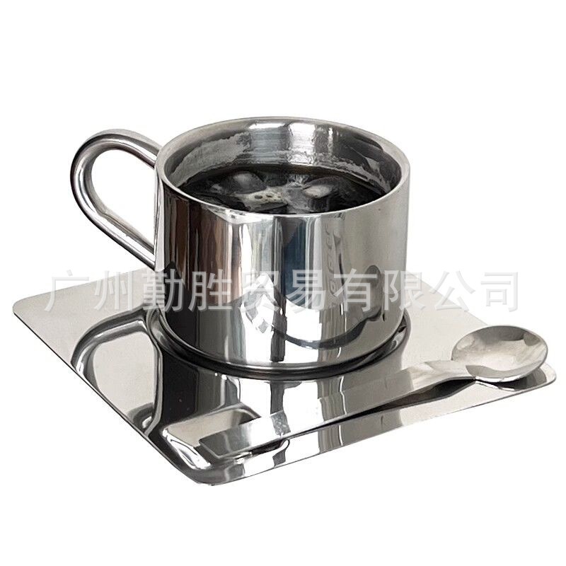 Coffee Cup Set Three-Piece Set 304 Stainless Steel Cup Double-Layer Mouth Cup Commercial Household Milk Tea Cup with Spoon Plate
