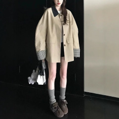 高智巴恩风 卡其色风衣撞色格纹拼接短款宽松外套女秋雪尼尔氨纶