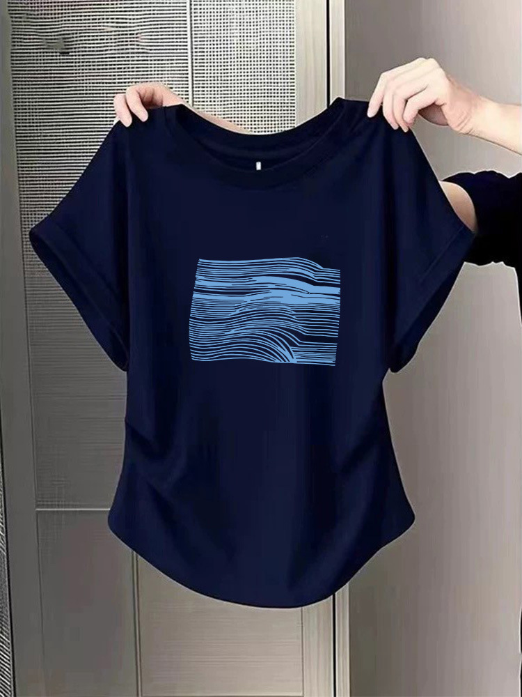 Stylish Pleated Straight-Shoulder Pure Cotton T-Shirt Short-Sleeve Women's 2026 Summer New Fashion Chic Waist-Cinching Slimming Top