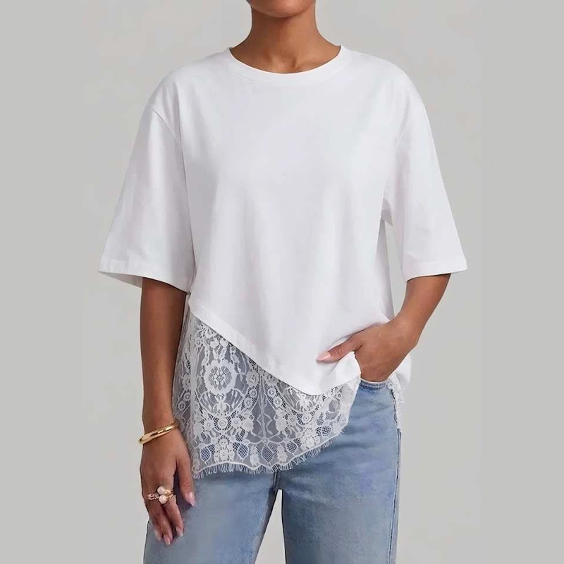 2026 Summer New Cross-Border Women's Fashion Elegant Design Asymmetrical Hem Lace Patchwork Short Sleeve Plus Size T-Shirt Top for Women