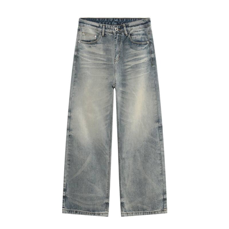 Quần jean nam dáng rộng ống suông wash râu mèo phong cách retro — Xanh nhạt, màu xám