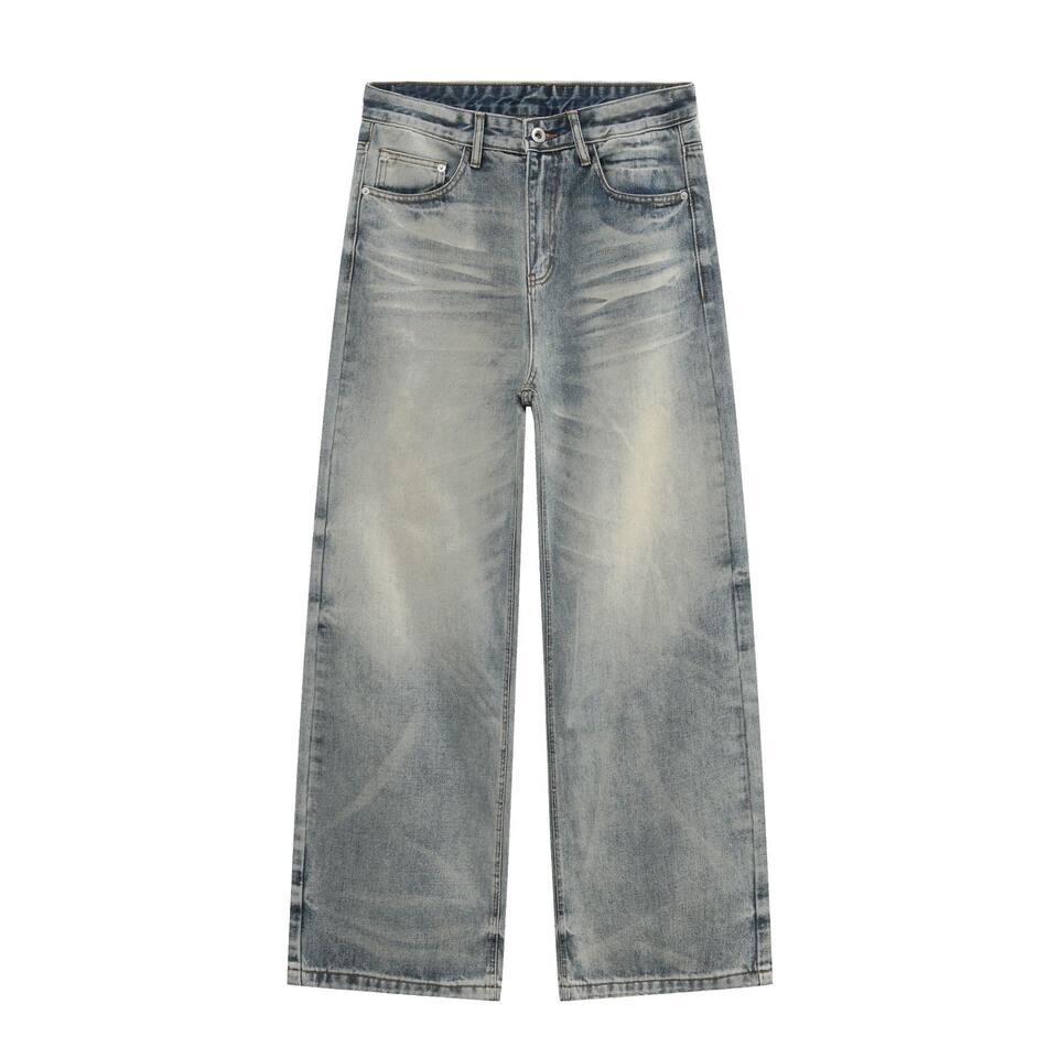 Quần jean nam dáng rộng ống suông wash râu mèo phong cách retro — Xanh nhạt, màu xám