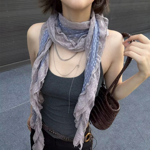 Vintage Gray Blue Polka Dot Scarf for Women 2025 New Lace Trim Scarf Korean Style Ruffled Neck Triangle Scarf