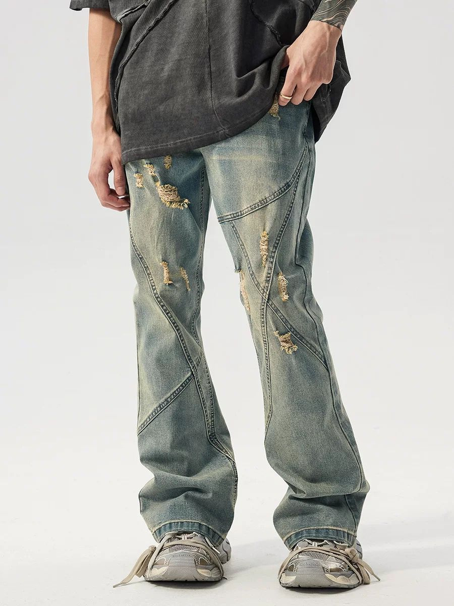 American Old Worn Jeans Men's Loose And Slightly High Street Line Design Style Pants_mkmklike.com