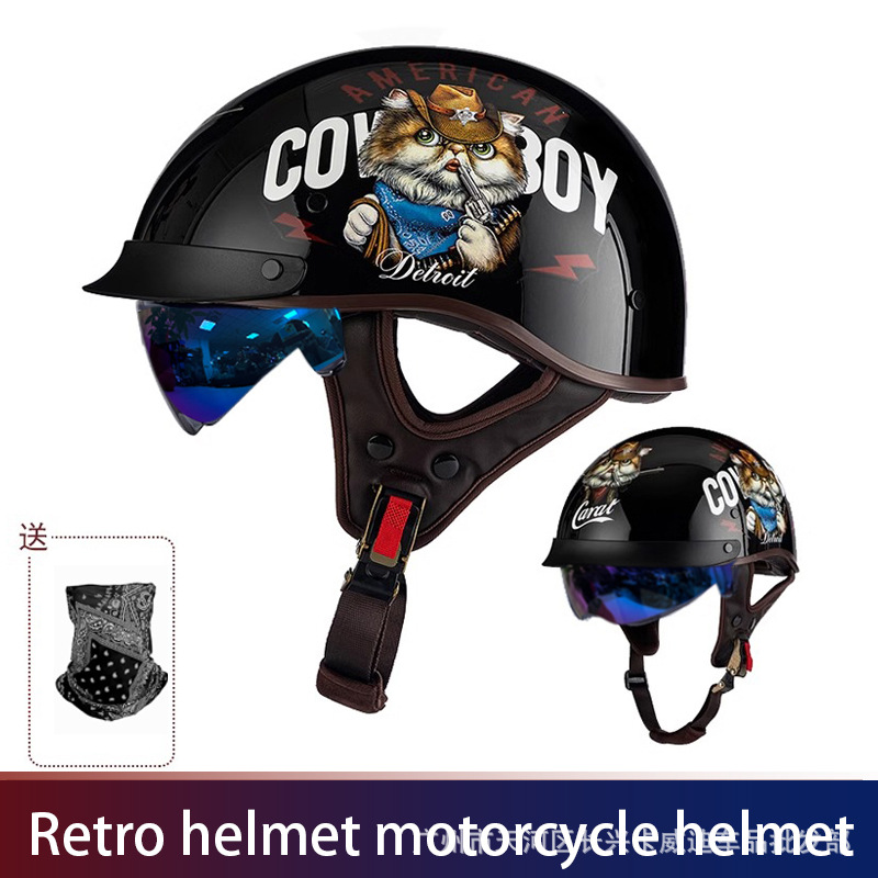 Motosiklet kaskı (dəbilqə) – Ha Lei Retro Half - 015-black-killer-cat-with-mask-m