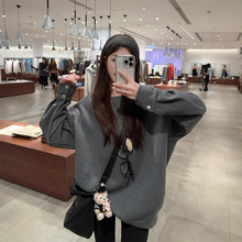 实拍~宽松慵懒卫衣女冬新款韩系加绒加厚圆领设计感正肩上衣女装