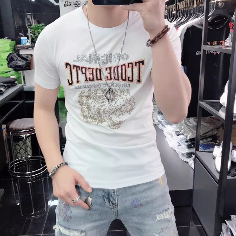 European Trendy Brand Versatile Short-Sleeve T-Shirt for Men, Fashionable Slim-Fit Round-Neck T-Shirt with Tiger Head Rhinestone Print Half-Sleeve European Trendy Brand Versatile Short-Sleeve T-Shirt for Men, Fashionable Slim-Fit Round-Neck T-Shirt with Tiger Head Rhinestone Print Half-Sleeve