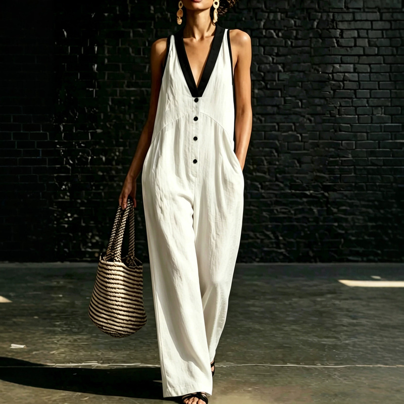 2026 Foreign Trade Cross-Border European and American Hot-Selling Color-Block V-Neck Sleeveless Jumpsuit Loose Wide-Leg Vacation Style Jumpsuit 2026 Foreign Trade Cross-Border European and American Hot-Selling Color-Block V-Neck Sleeveless Jumpsuit Loose Wide-Leg Vacation Style Jumpsuit