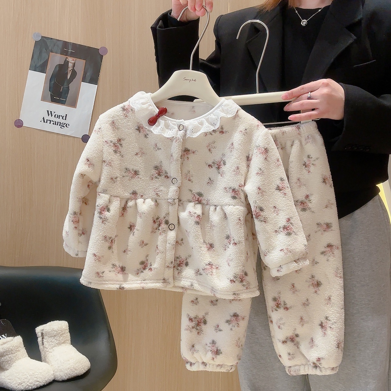 Ropa de hogar infantil otoño-invierno niñas coreana dulce lindos cardigans calentadores pijamas bebé encaje conjunto de ropa infantil image 4