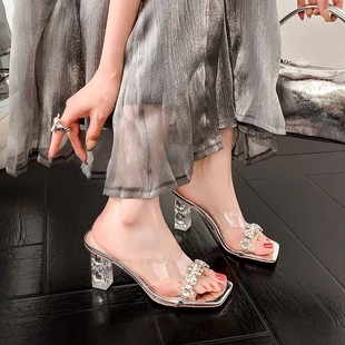 Transparent One-Strap Slippers for Women's Summer Outer Wear 2025 New Style Beautiful Rhinestone Crystal Heel Thick Heel High Heels Sandals