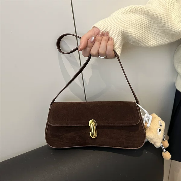 Cross-Border New Niche Underarm Bag for Women Korean Style Trendy Fashion High-End Deerskin Velvet Shoulder Bag Lock Small Square Bag