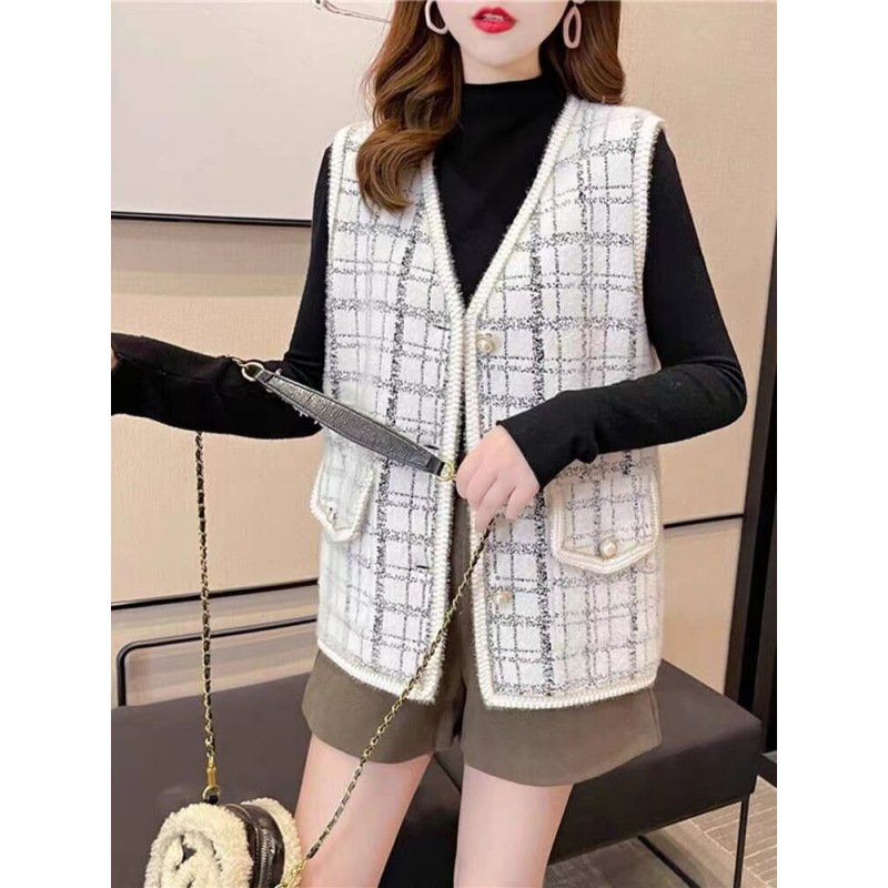 Xiaofang chaleco a cuadrícula chaqueta de mujer sin mangas para usar abrazadera de caballo imitación de agua de invierno invierno cardigan de punto image 4